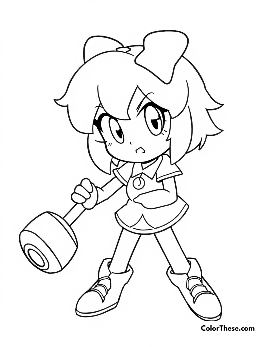 Free printable amy with her hammer coloring page for kids and adults - A amy rose holding her piko piko hammer with a determined look.