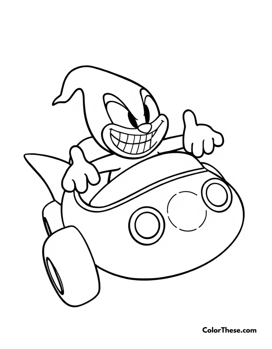 Free printable dr. eggman in his eggmobile coloring page for kids and adults - A dr. eggman flying in his eggmobile with a mischievous grin.