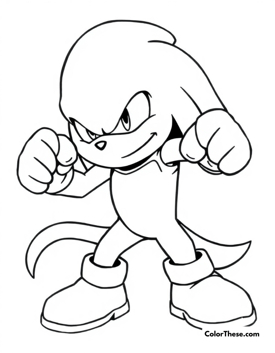 Free printable knuckles punching coloring page for kids and adults - A knuckles the echidna punching with his powerful fists.