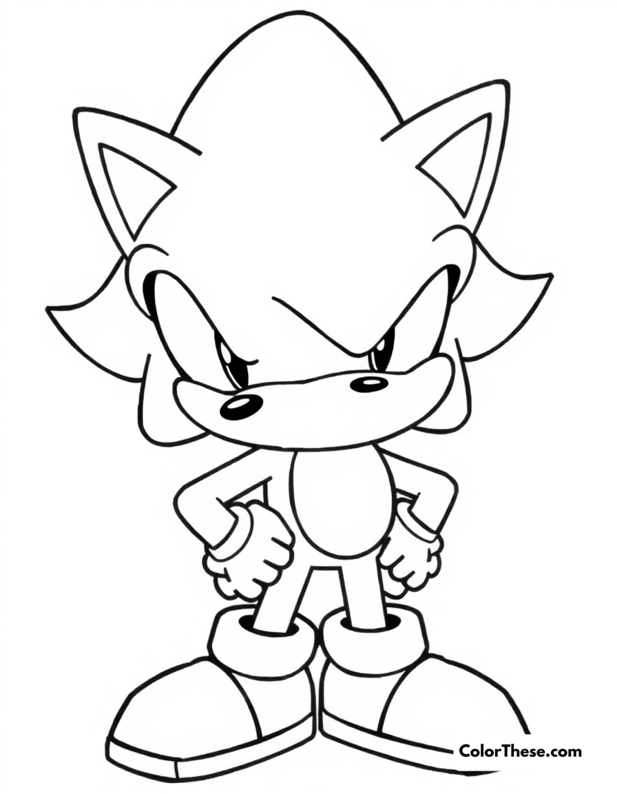 Free printable shadow the hedgehog coloring page for kids and adults - A shadow the hedgehog standing with a serious expression.