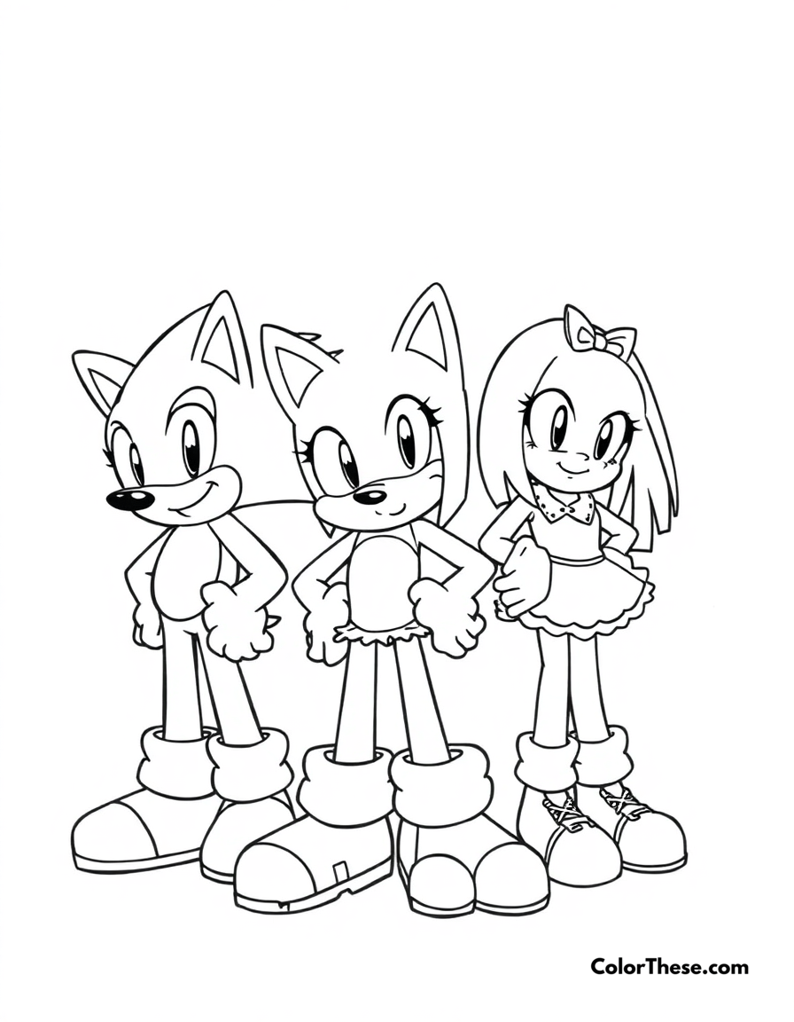 Free printable sonic and friends coloring page for kids and adults - A sonic, tails, knuckles, and amy standing together.