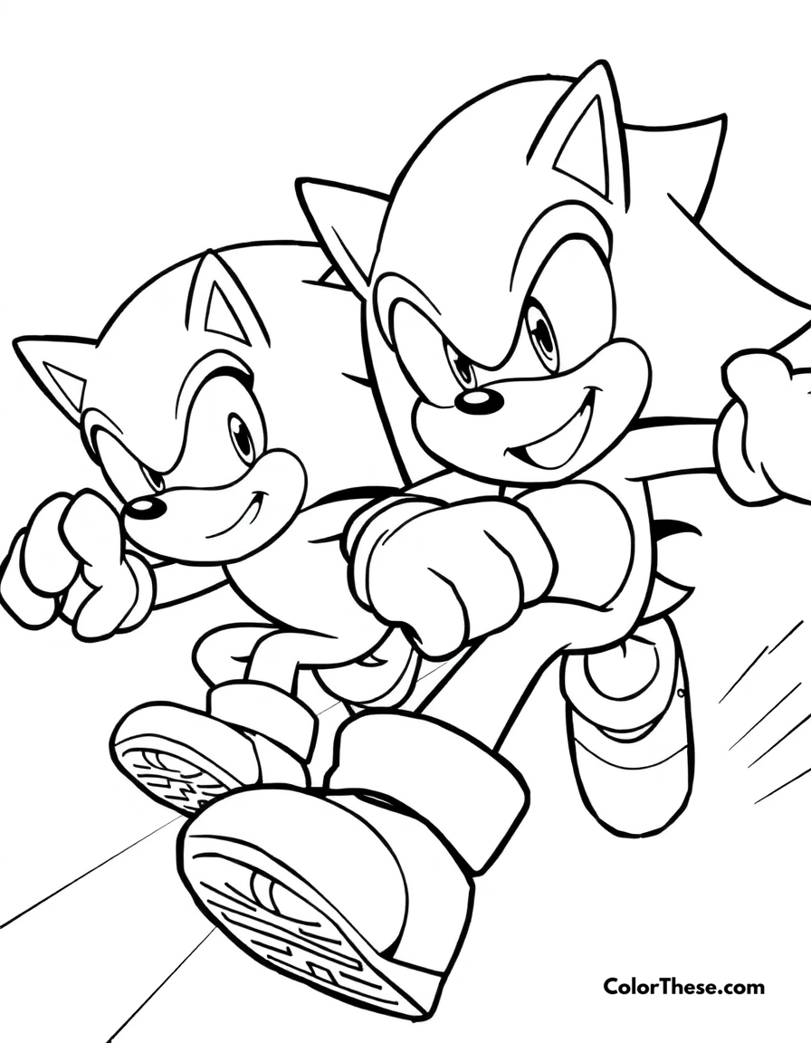 Free printable sonic and knuckles competing coloring page for kids and adults - A sonic and knuckles racing each other with determined expressions.