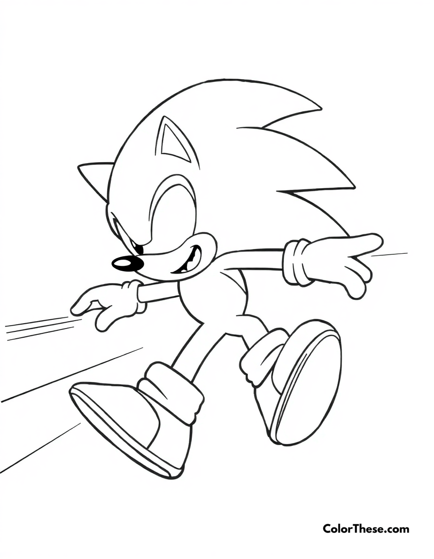 Free printable sonic spin dash coloring page for kids and adults - A sonic performing a spin dash with speed lines.