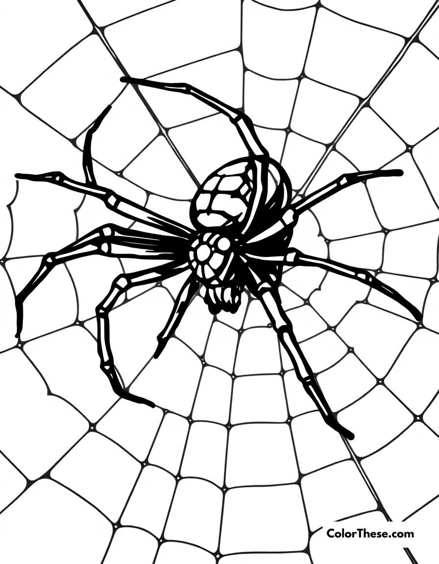 Free printable black widow spider coloring page for kids and adults - A a black widow spider on its web.