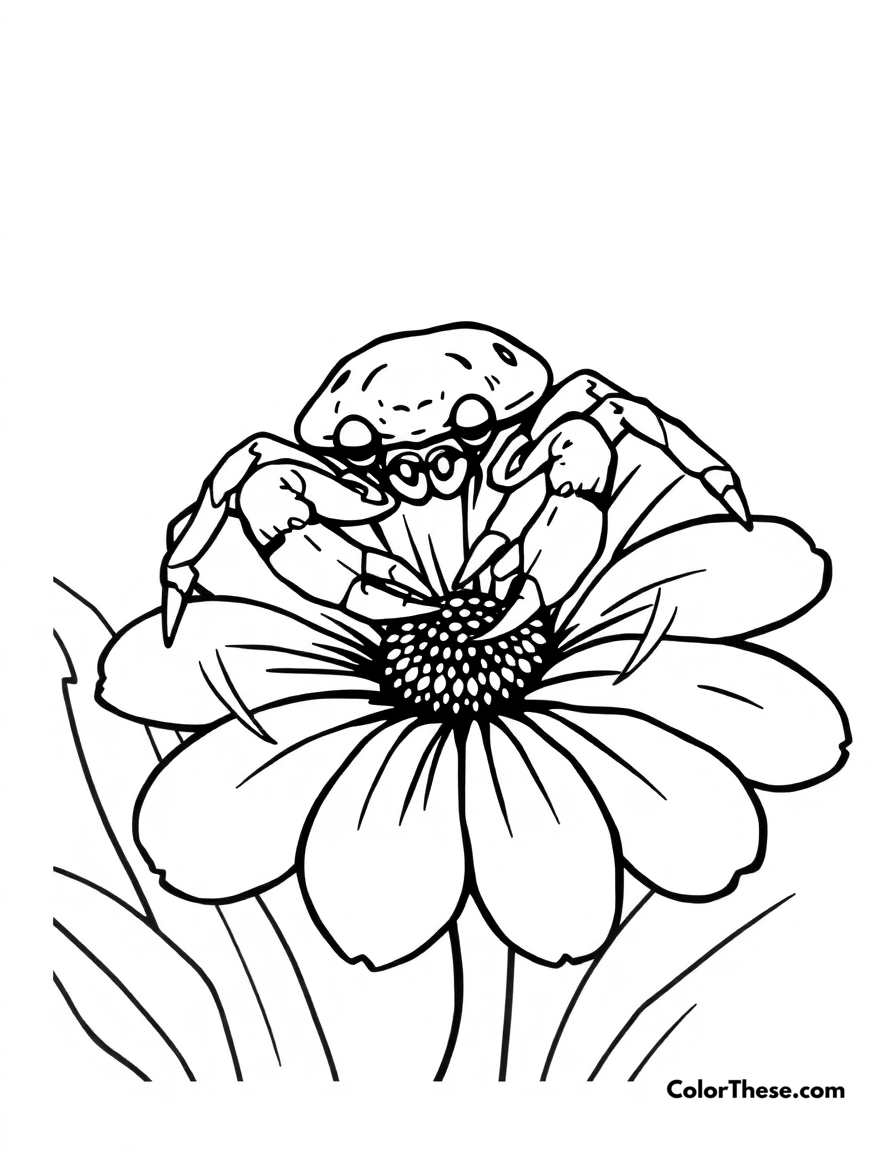 Free printable crab spider on a flower coloring page for kids and adults - A a crab spider camouflaged on a flower.