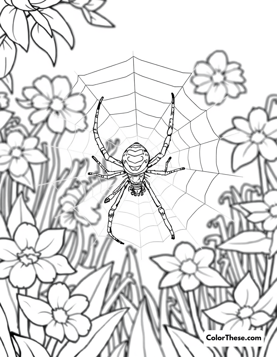 Free printable garden spider on its web coloring page for kids and adults - A a garden spider sitting on its web in a garden.