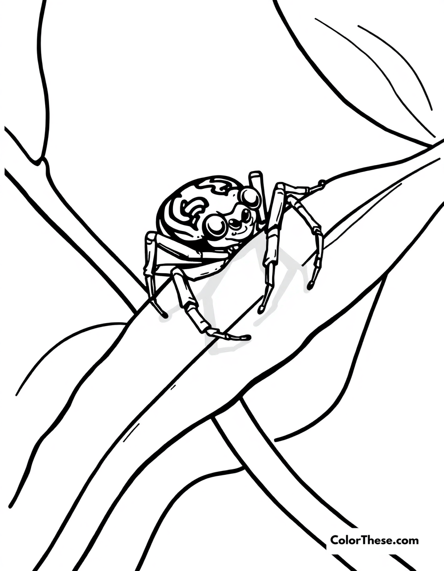 Free printable jumping spider on a leaf coloring page for kids and adults - A a jumping spider perched on a green leaf.