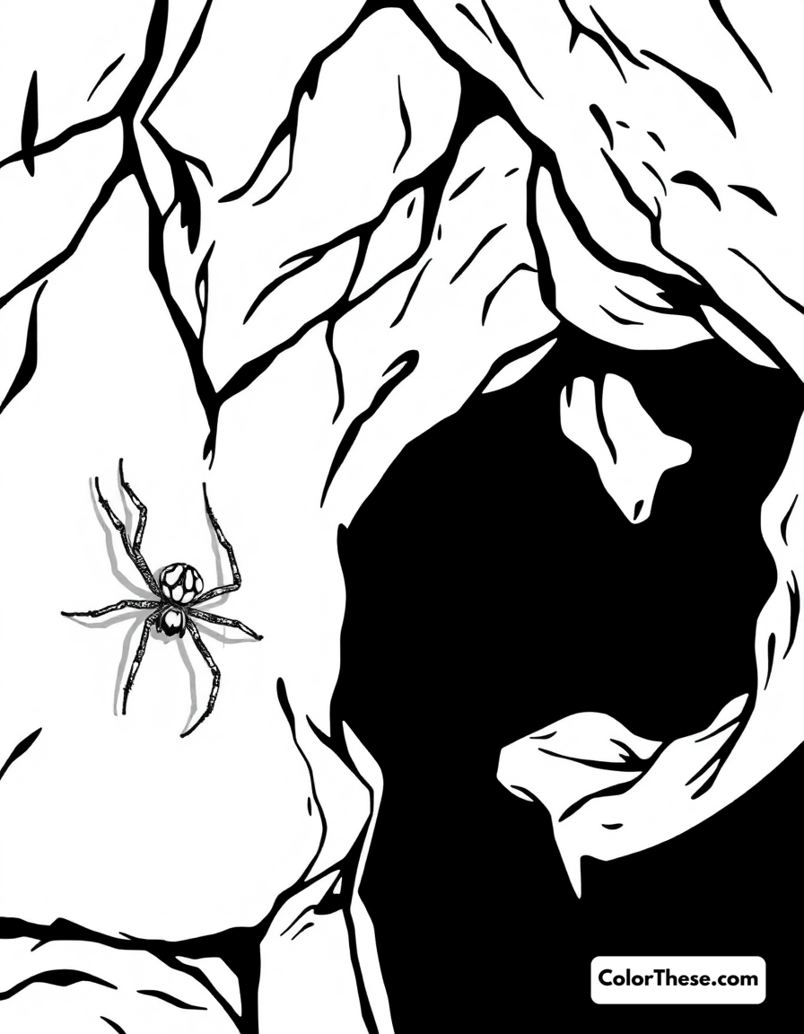 Free printable spider in a cave coloring page for kids and adults - A a spider crawling on the wall of a dark cave.