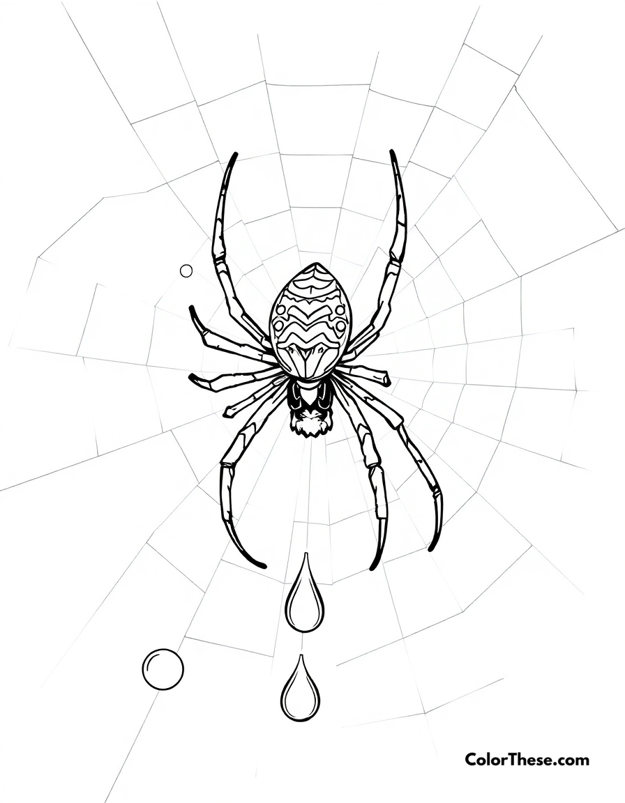 Free printable spider with dewdrops on its web coloring page for kids and adults - A a spider on its web with glistening dewdrops.