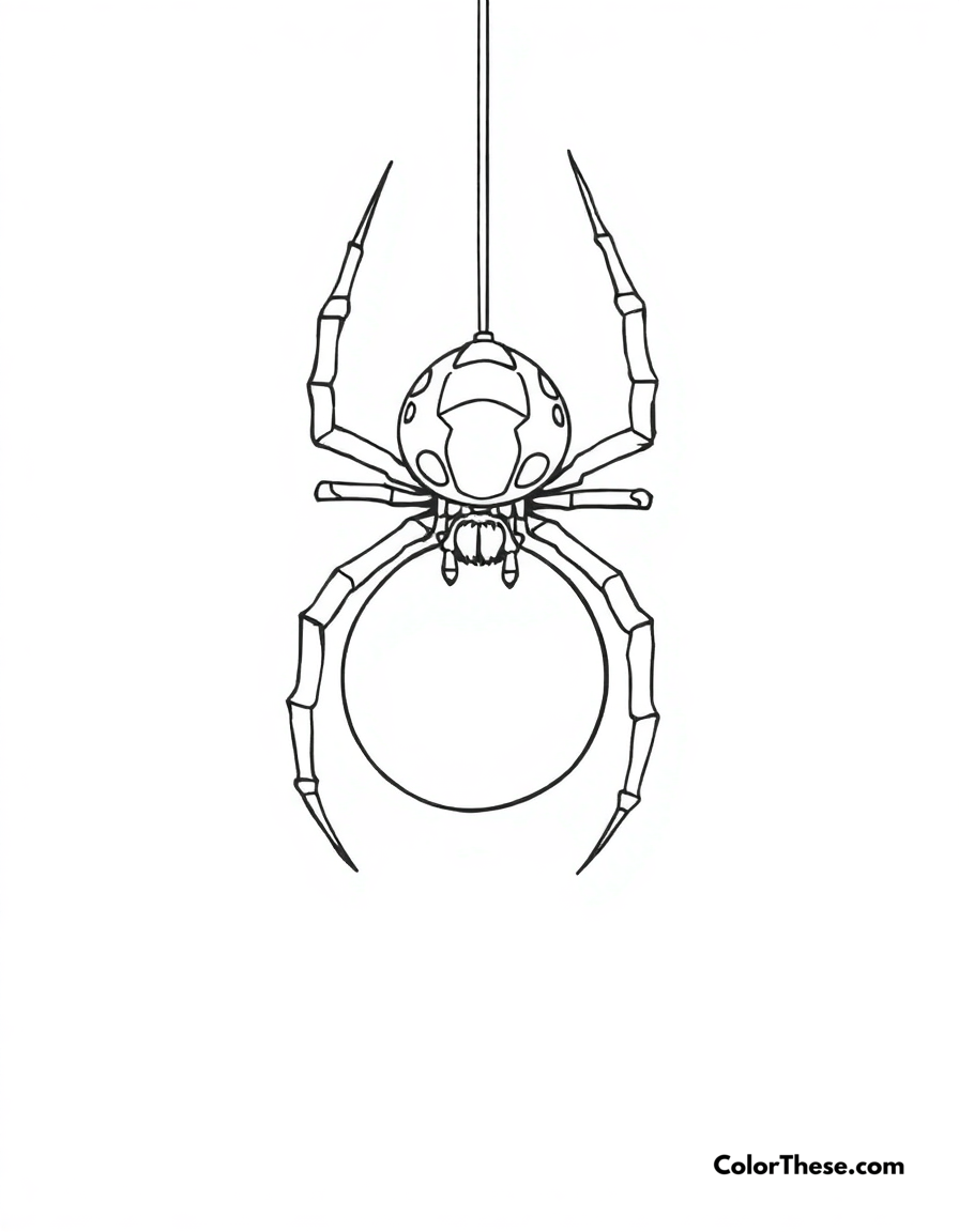 Free printable spider with its egg sac coloring page for kids and adults - A a spider guarding its egg sac on a web.