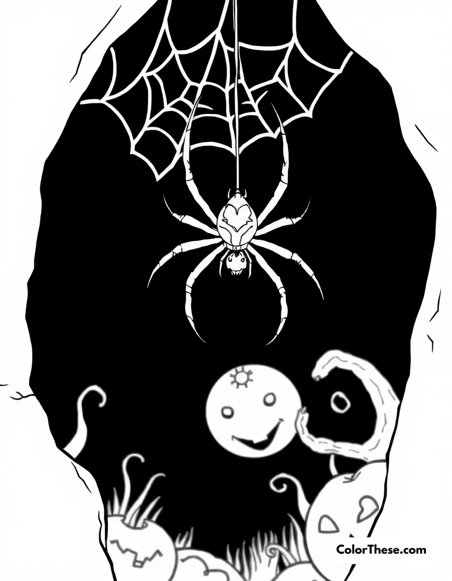 Free printable spider in a halloween scene coloring page for kids and adults - A a spider hanging from its web in a spooky halloween setting.