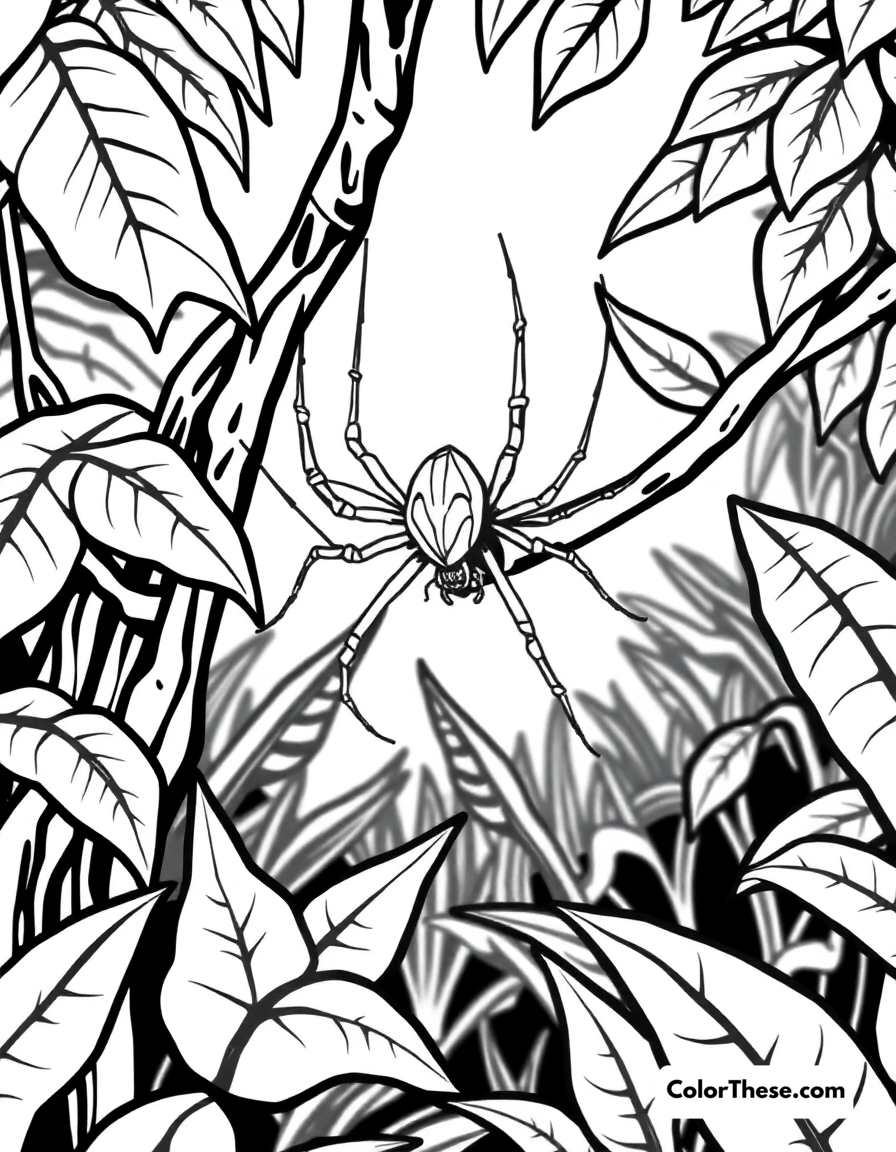 Free printable spider in a jungle coloring page for kids and adults - A a spider crawling on a vine in a jungle.