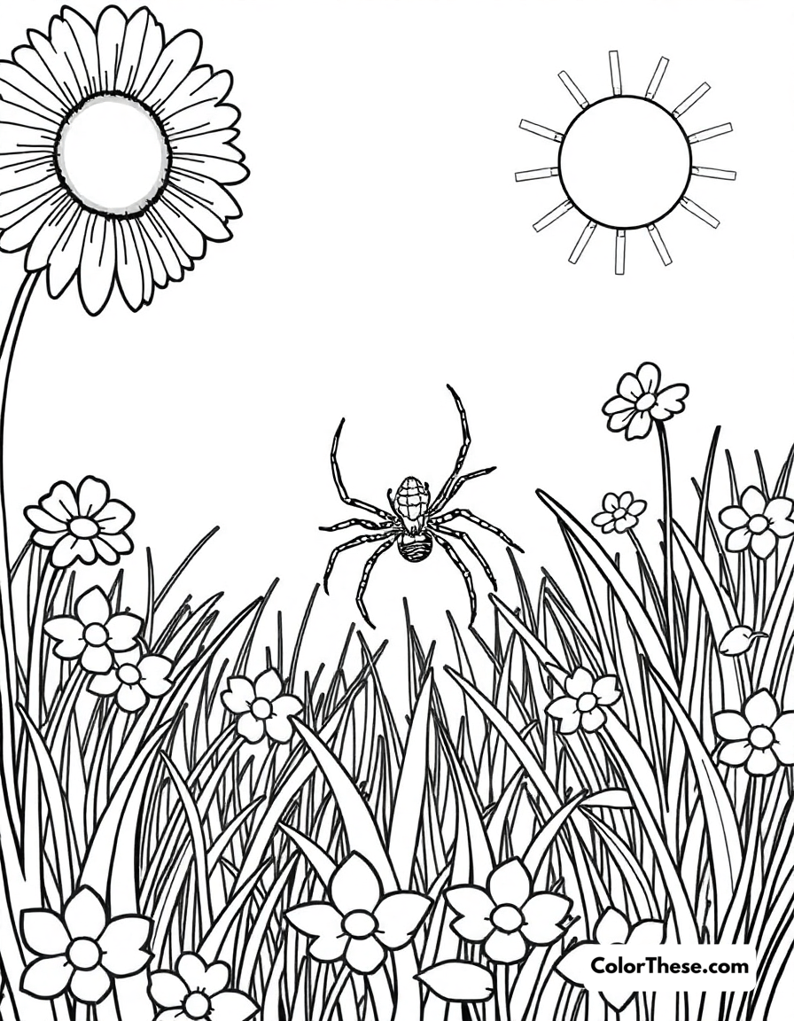 Free printable spider in a meadow coloring page for kids and adults - A a spider crawling through a sunny meadow.