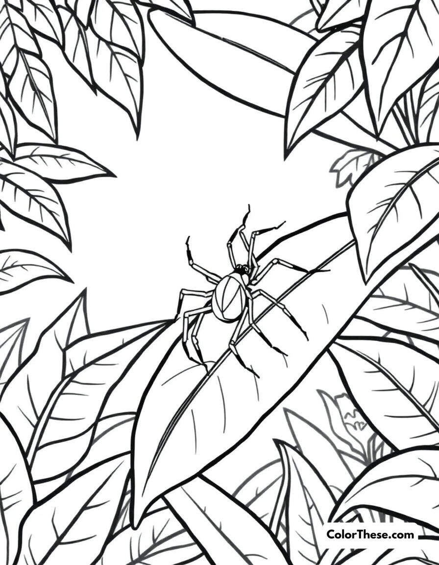 Free printable spider in a rainforest coloring page for kids and adults - A a spider crawling on a leaf in a rainforest.