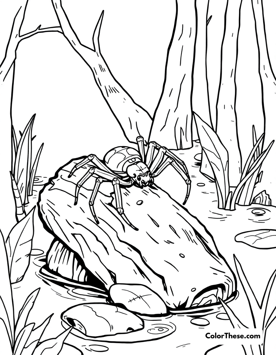 Free printable spider in a swamp coloring page for kids and adults - A a spider crawling on a log in a swamp.