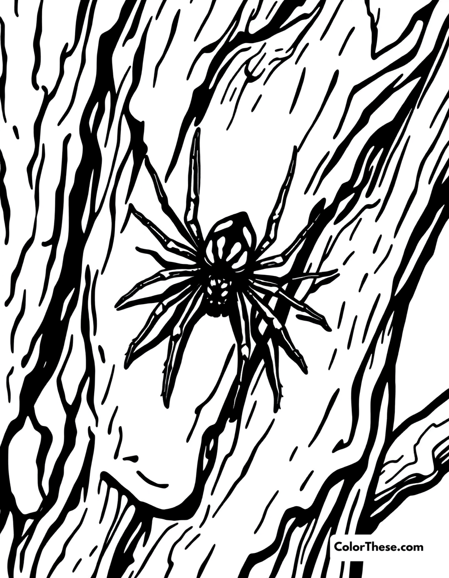 Free printable spider crawling on a tree coloring page for kids and adults - A a spider crawling on the bark of a tree.