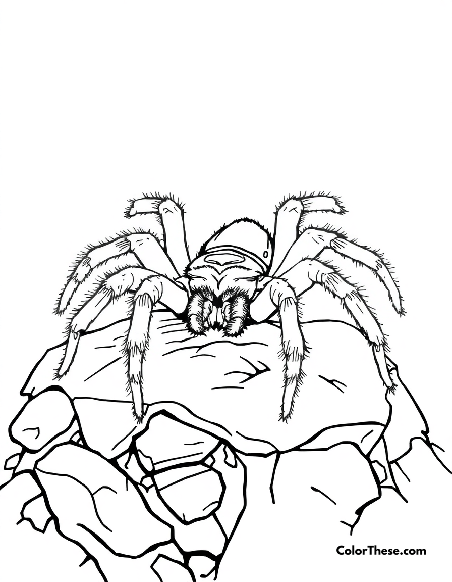 Free printable tarantula on a rock coloring page for kids and adults - A a tarantula sitting on a rocky surface.