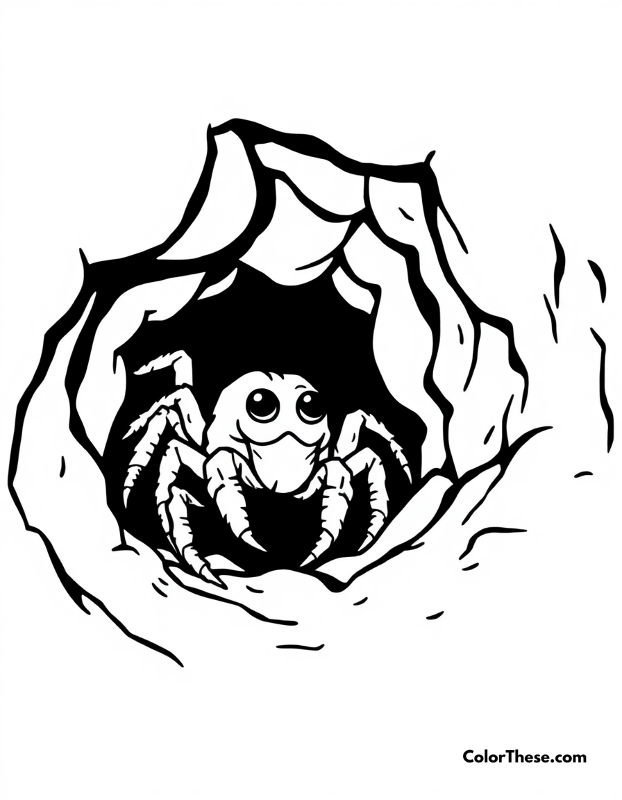 Free printable trapdoor spider in its burrow coloring page for kids and adults - A a trapdoor spider peeking out of its burrow.