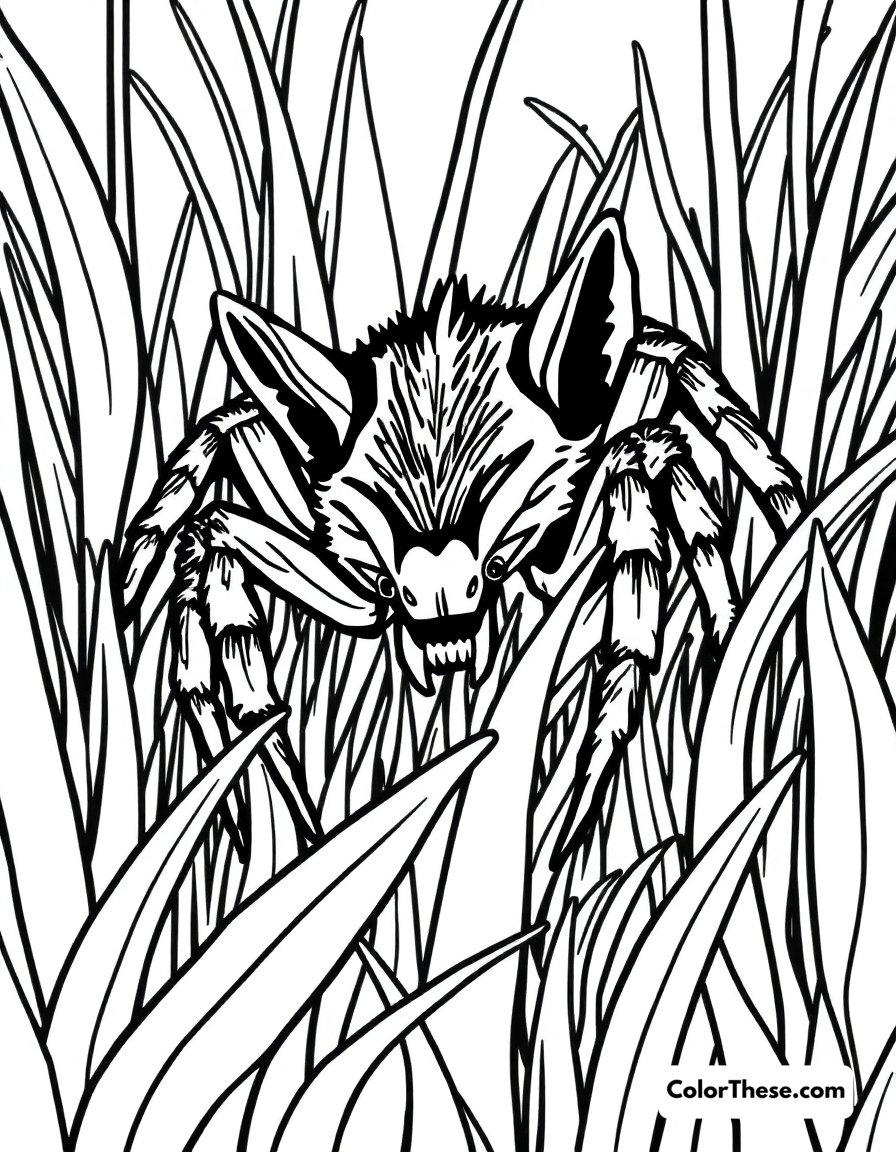 Free printable wolf spider in the grass coloring page for kids and adults - A a wolf spider hiding in the grass.