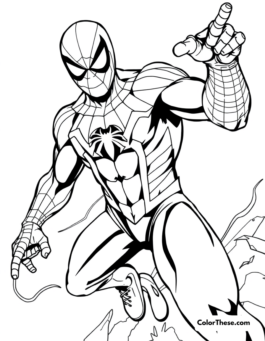 Free printable spiderman in action pose coloring page for kids and adults - A spiderman in a dynamic action pose, ready for battle.