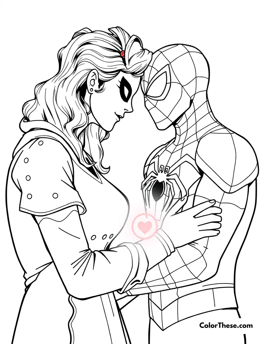 Free printable spiderman and aunt may coloring page for kids and adults - A spiderman and aunt may in a heartwarming scene.