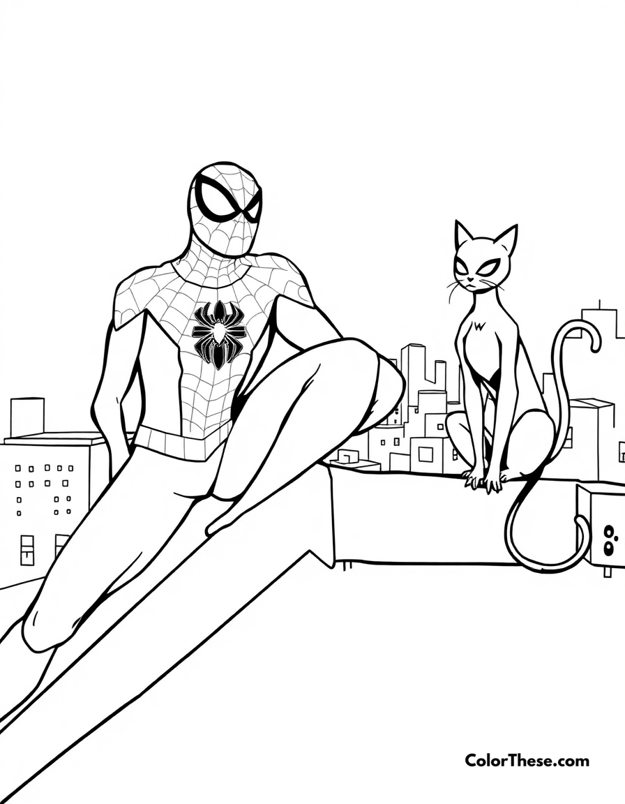 Free printable spiderman and black cat coloring page for kids and adults - A spiderman and black cat on a rooftop.