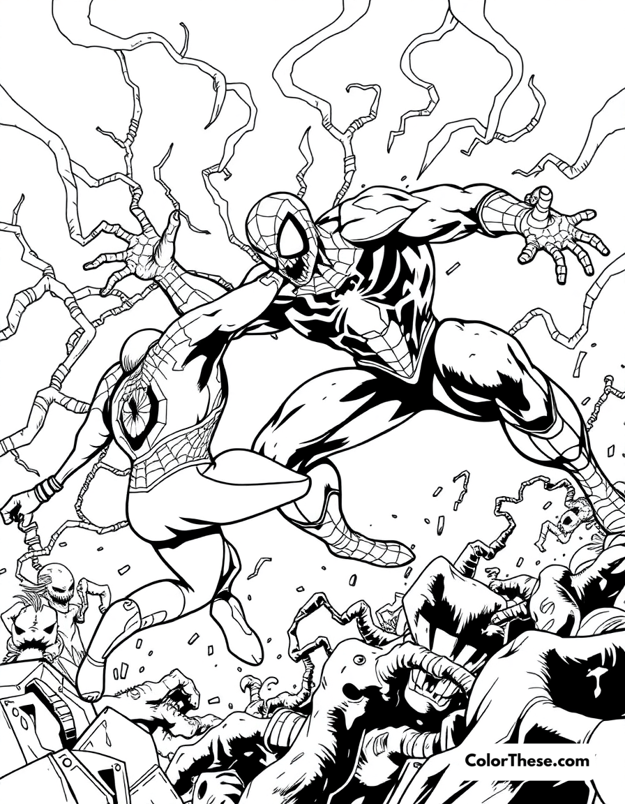 Free printable spiderman and carnage coloring page for kids and adults - A spiderman battling carnage in a chaotic scene.