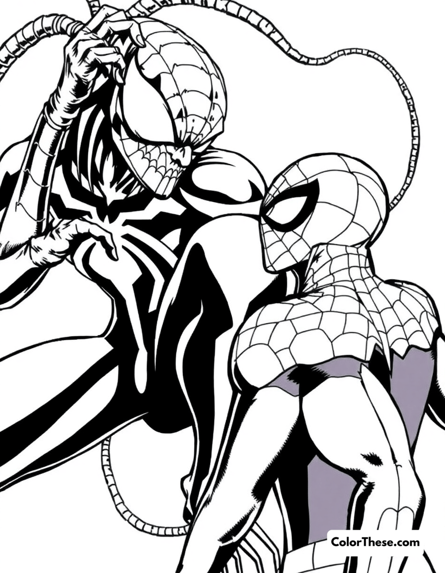 Free printable spiderman and chameleon coloring page for kids and adults - A spiderman facing chameleon in a deceptive scene.