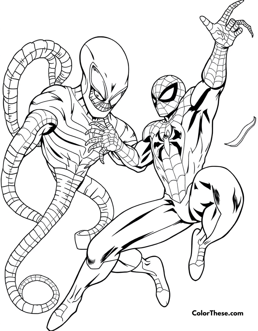 Free printable spiderman and doctor octopus coloring page for kids and adults - A spiderman battling doctor octopus.