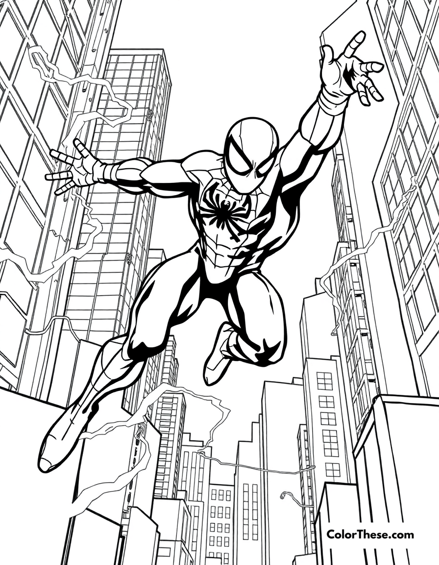 Free printable spiderman and electro coloring page for kids and adults - A spiderman battling electro in the city.