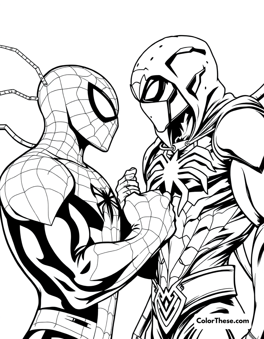 Free printable spiderman and green goblin coloring page for kids and adults - A spiderman facing off against the green goblin.