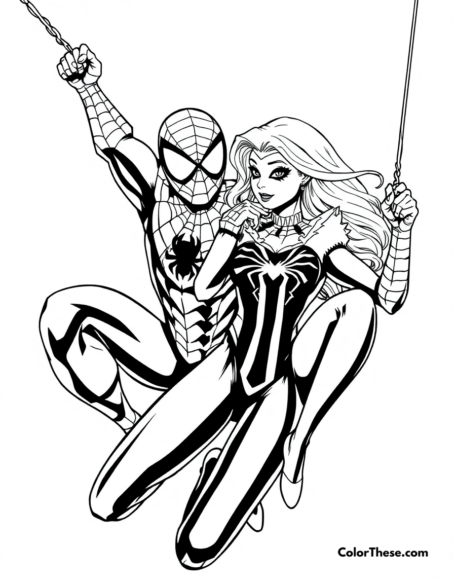 Free printable spiderman and gwen stacy coloring page for kids and adults - A spiderman and gwen stacy swinging together.