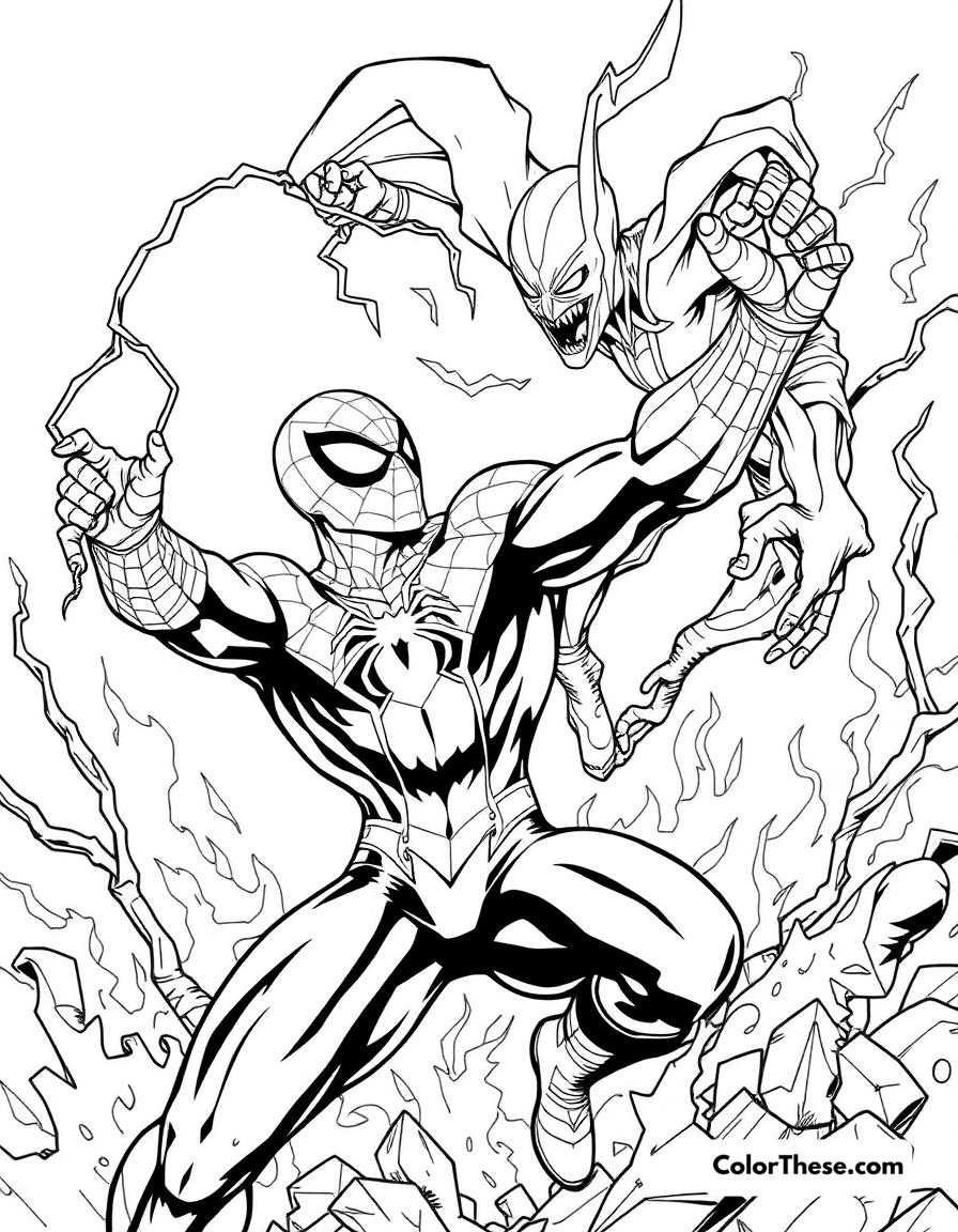 Free printable spiderman and hobgoblin coloring page for kids and adults - A spiderman battling hobgoblin in a fiery scene.