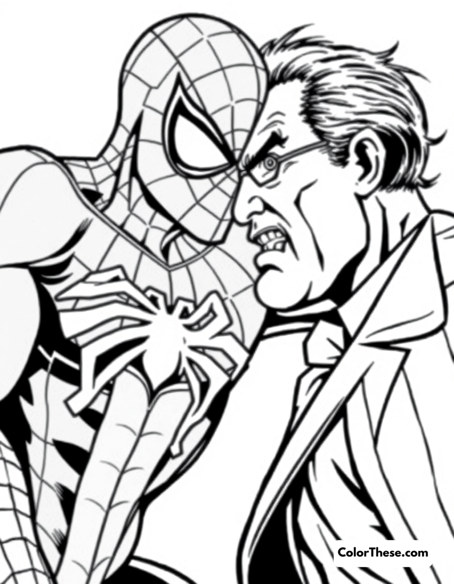 Free printable spiderman and j. jonah jameson coloring page for kids and adults - A spiderman and j. jonah jameson in a confrontational scene.