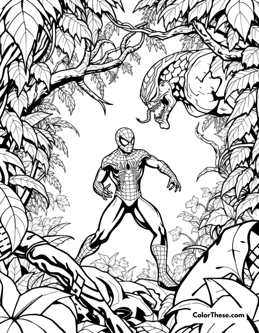 Free printable spiderman and kraven the hunter coloring page for kids and adults - A spiderman facing kraven the hunter in a jungle scene.