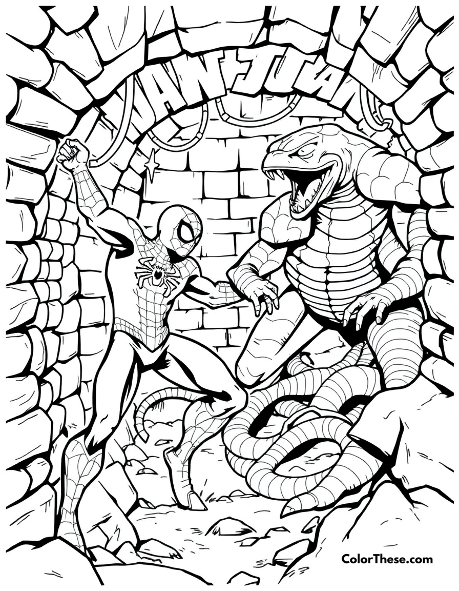 Free printable spiderman and lizard coloring page for kids and adults - A spiderman battling the lizard in the sewers.