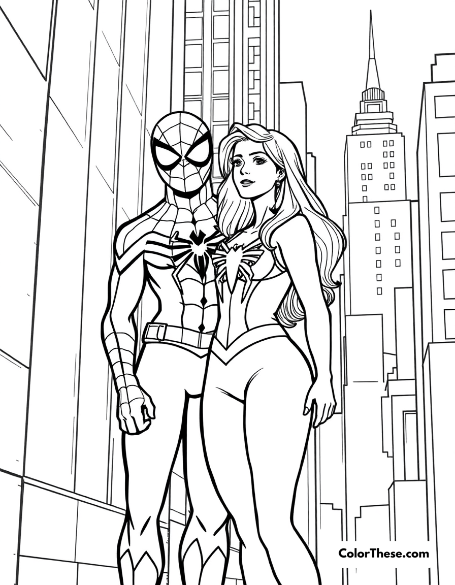 Free printable spiderman and mary jane coloring page for kids and adults - A spiderman and mary jane standing together in the city.