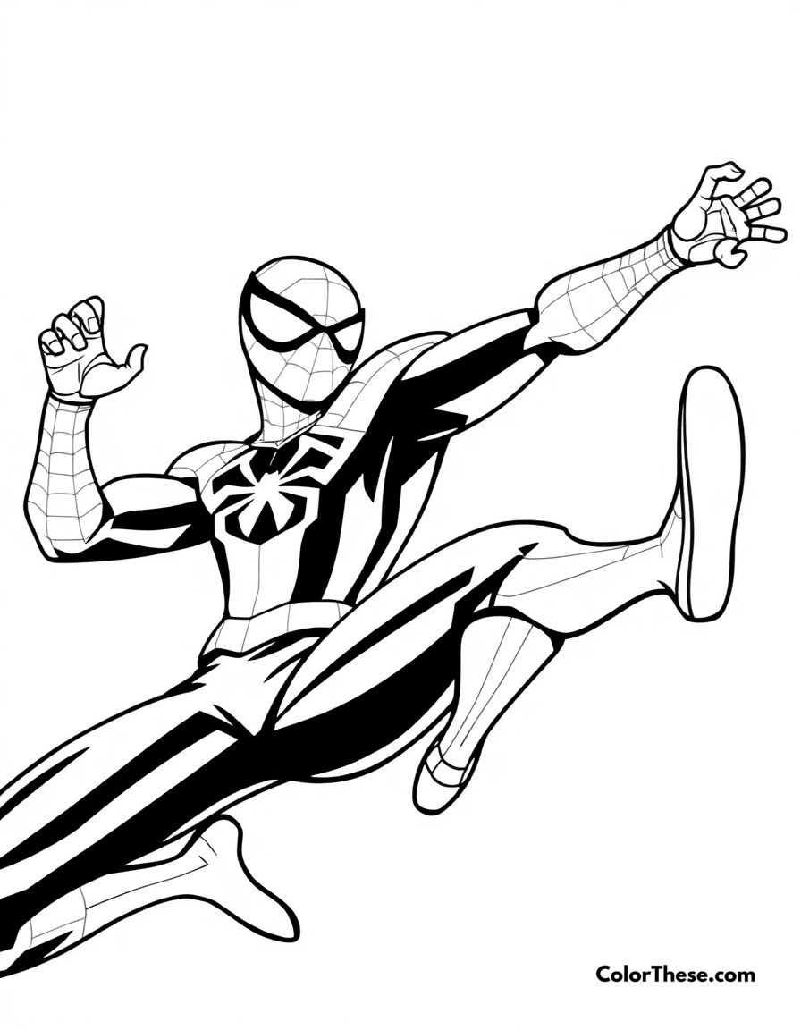 Free printable spiderman and miles morales coloring page for kids and adults - A spiderman and miles morales swinging together.