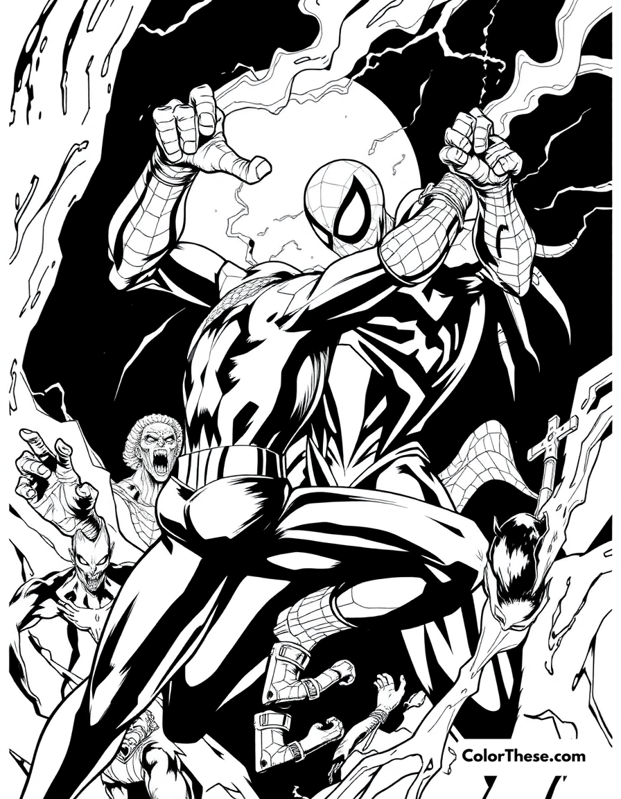 Free printable spiderman and morbius coloring page for kids and adults - A spiderman battling morbius in a dark scene.