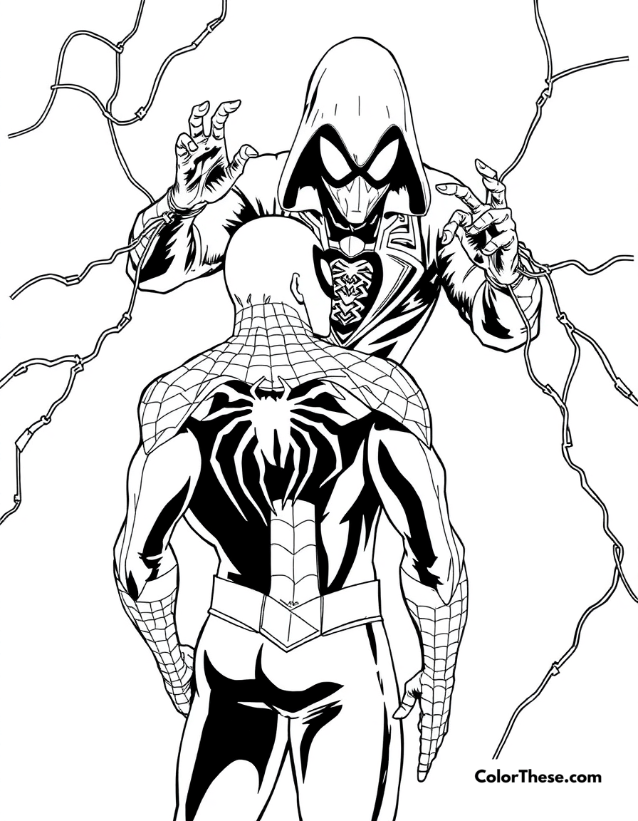 Free printable spiderman and mysterio coloring page for kids and adults - A spiderman facing off against mysterio in a mysterious scene.