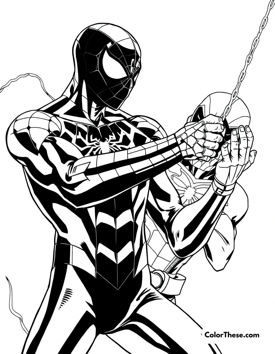 Free printable spiderman and prowler coloring page for kids and adults - A spiderman facing prowler in a stealthy scene.