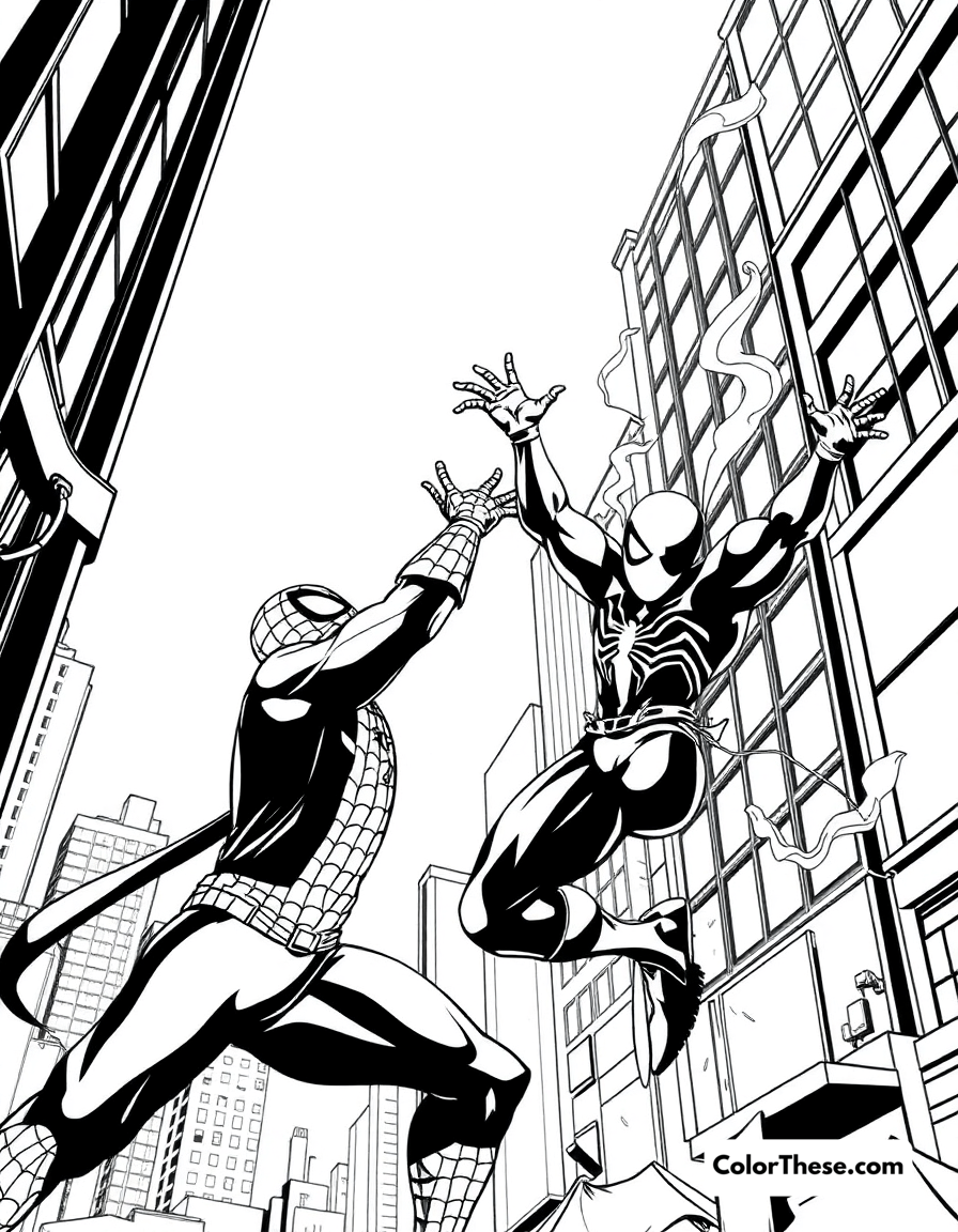 Free printable spiderman and sandman coloring page for kids and adults - A spiderman battling sandman in the city.