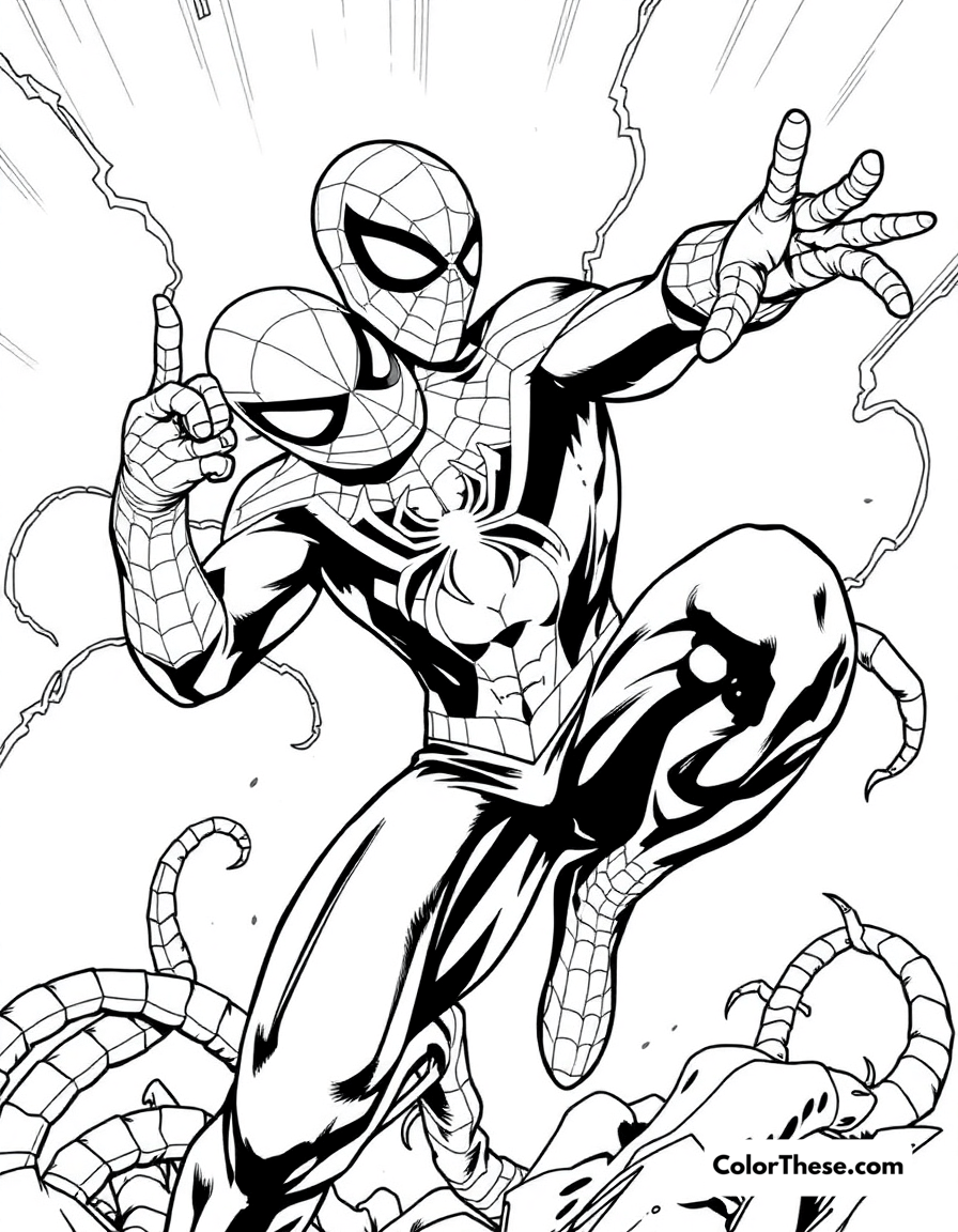 Free printable spiderman and scorpion coloring page for kids and adults - A spiderman battling scorpion in a dangerous scene.