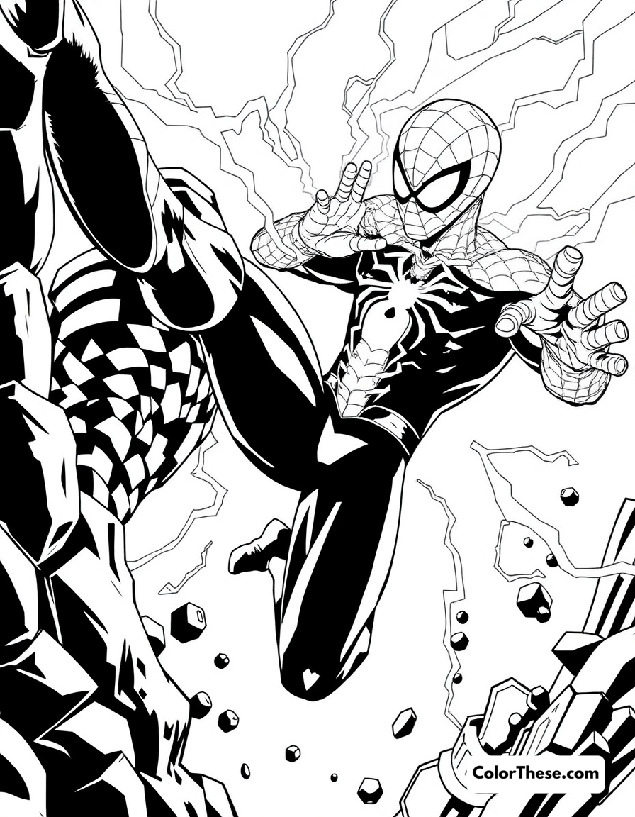 Free printable spiderman and shocker coloring page for kids and adults - A spiderman battling shocker in an electrifying scene.