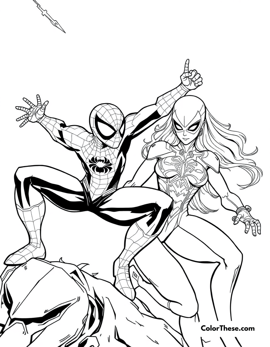 Free printable spiderman and silver sable coloring page for kids and adults - A spiderman and silver sable in a dynamic scene.