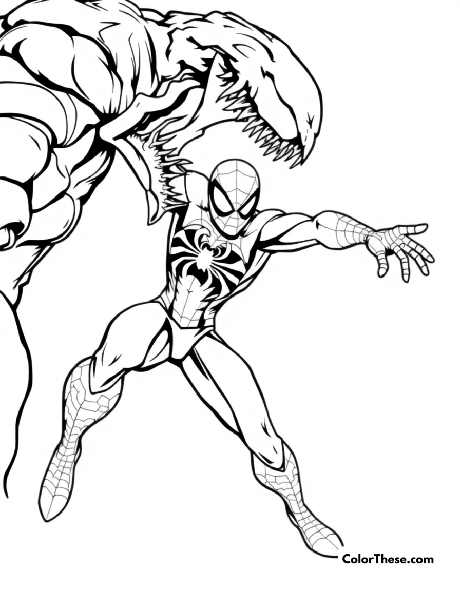 Free printable spiderman facing venom coloring page for kids and adults - A spiderman in a battle stance against venom.