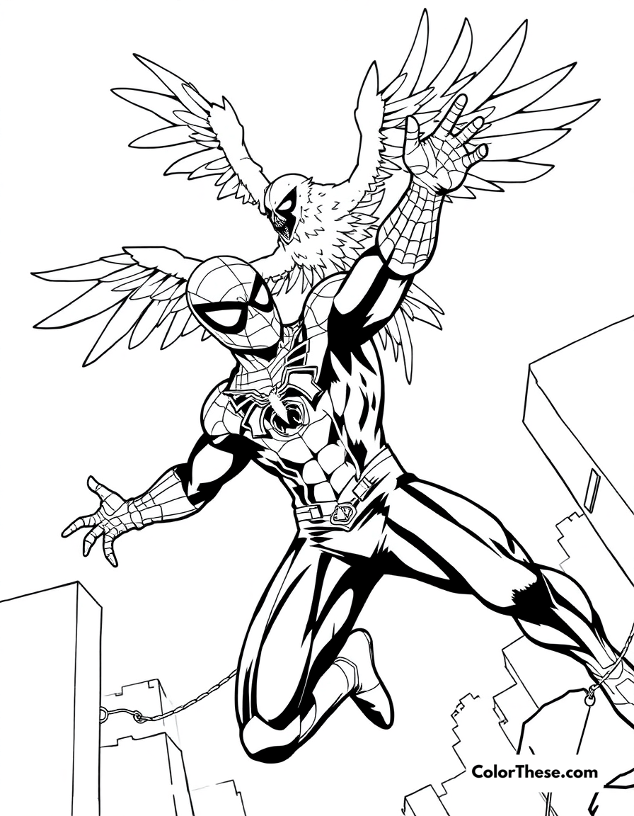 Free printable spiderman and vulture coloring page for kids and adults - A spiderman battling the vulture in the sky.