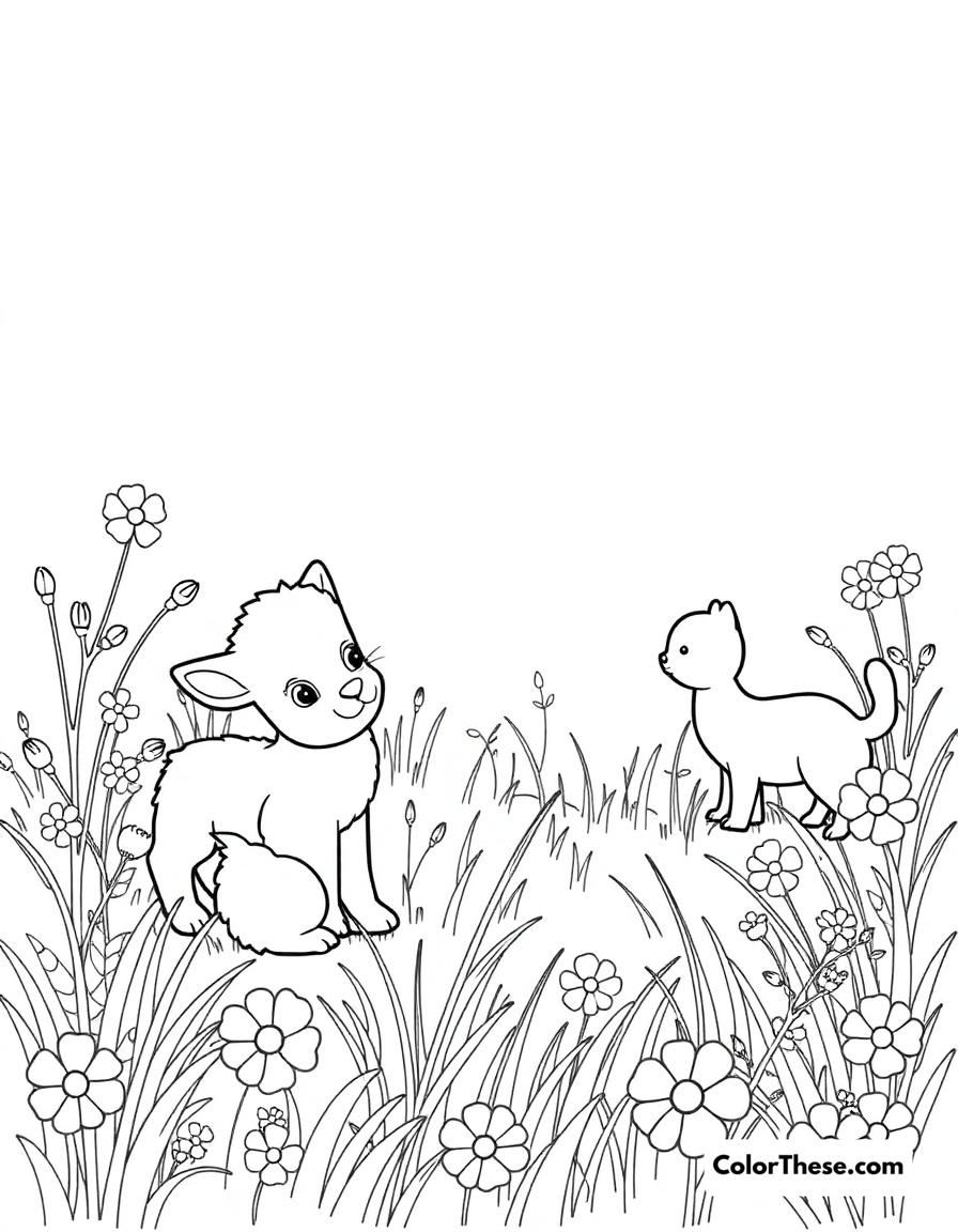 Free printable baby animals in the meadow coloring page for kids and adults - A a meadow scene with baby animals enjoying spring.