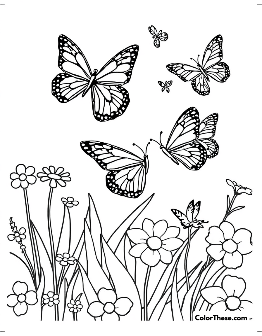 Free printable butterflies in the garden coloring page for kids and adults - A butterflies fluttering around a spring garden.