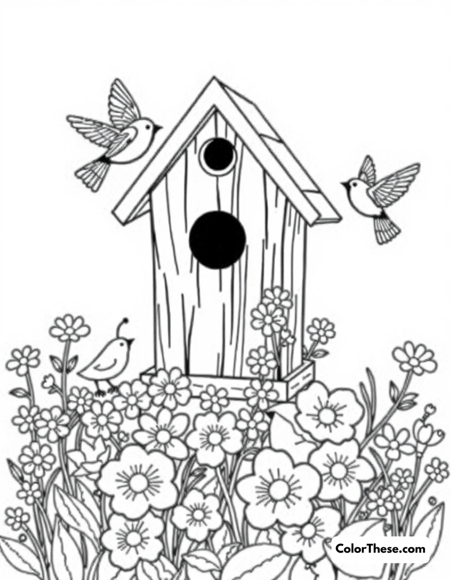 Free printable spring birdhouse coloring page for kids and adults - A a birdhouse surrounded by flowers and birds in spring.